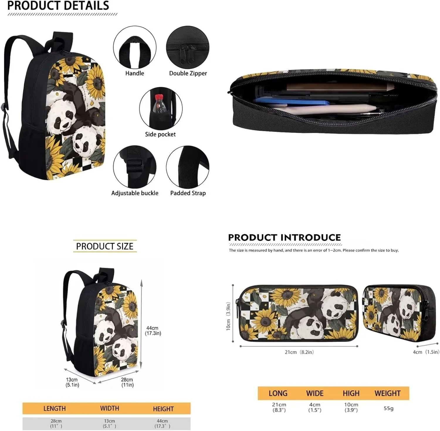 Sunflower Panda Printed Backpack Set with Lunch Bag Pencil Case for Kids Girls, Lightweight School Bag Bookbag with Insulated Bag Large Capacity School Backpack Set with Cooler Lunch Box