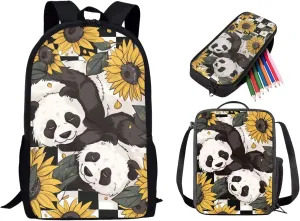 Sunflower Panda Printed Backpack Set with Lunch Bag Pencil Case for Kids Girls, Lightweight School Bag Bookbag with Insulated Bag Large Capacity School Backpack Set with Cooler Lunch Box