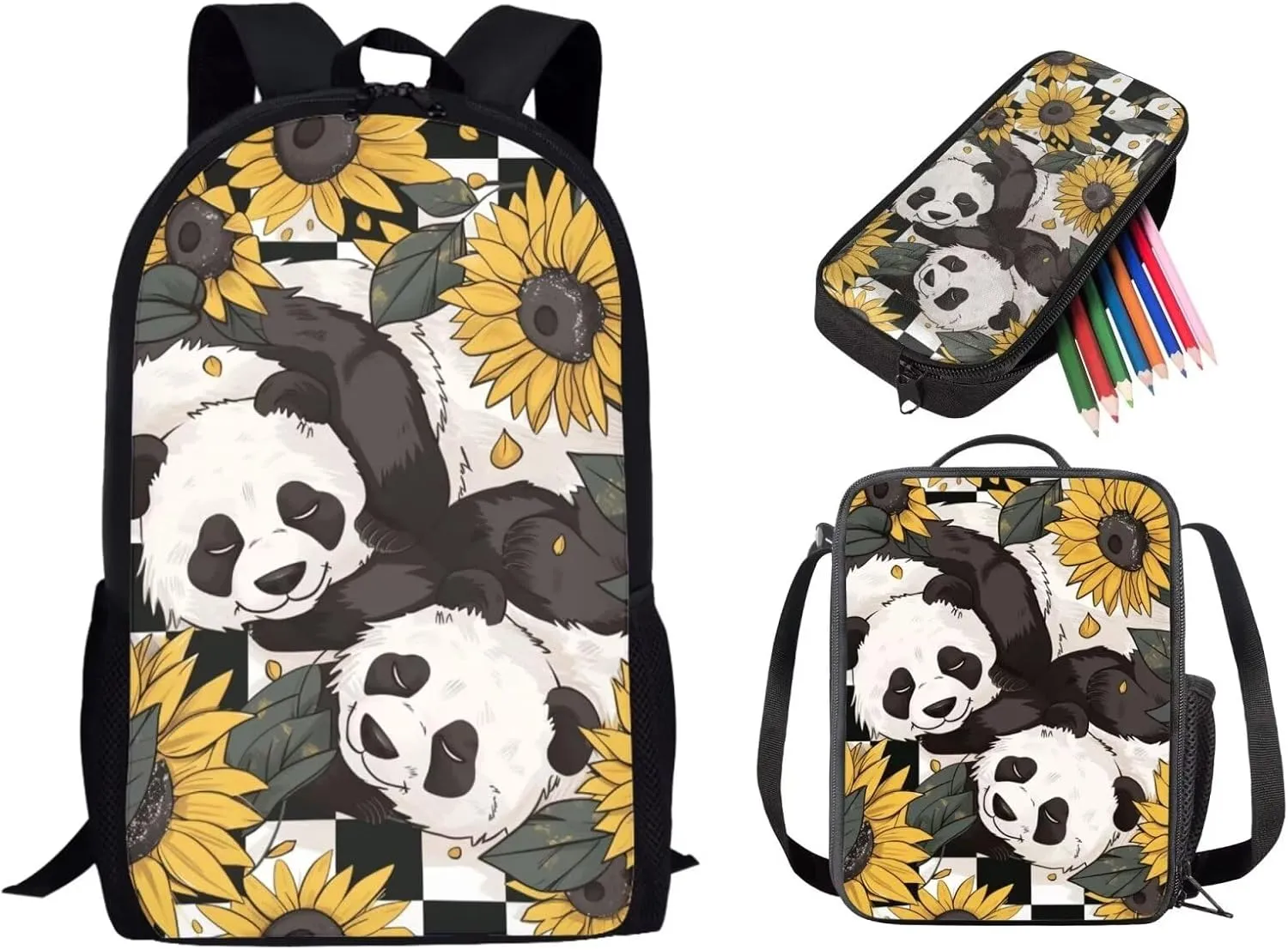 Sunflower Panda Printed Backpack Set with Lunch Bag Pencil Case for Kids Girls, Lightweight School Bag Bookbag with Insulated Bag Large Capacity School Backpack Set with Cooler Lunch Box