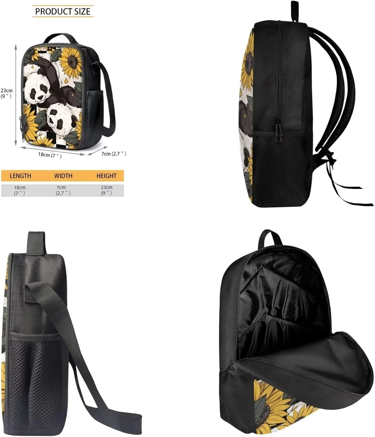 Sunflower Panda Printed Backpack Set with Lunch Bag Pencil Case for Kids Girls, Lightweight School Bag Bookbag with Insulated Bag Large Capacity School Backpack Set with Cooler Lunch Box