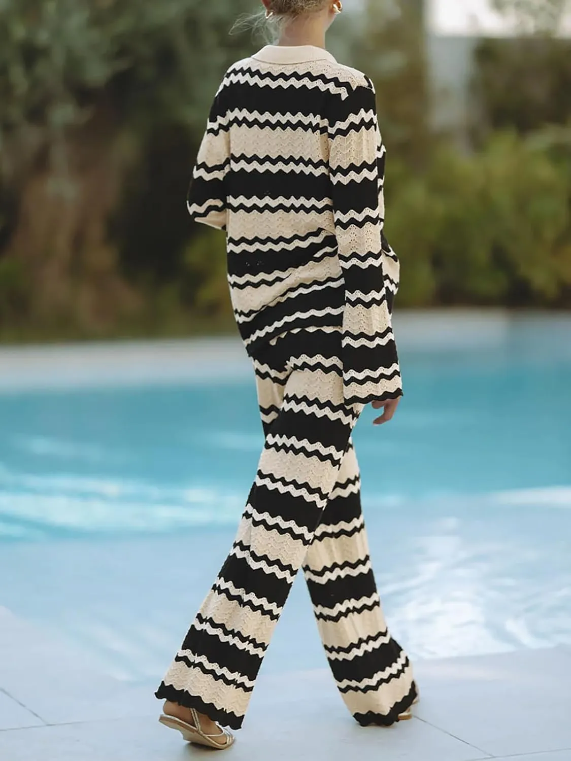 Tankaneo Womens 2 Piece Cover up Knit Outfits Striped Long Sleeve Cardigan Wide Leg Pants Matching Beach Set