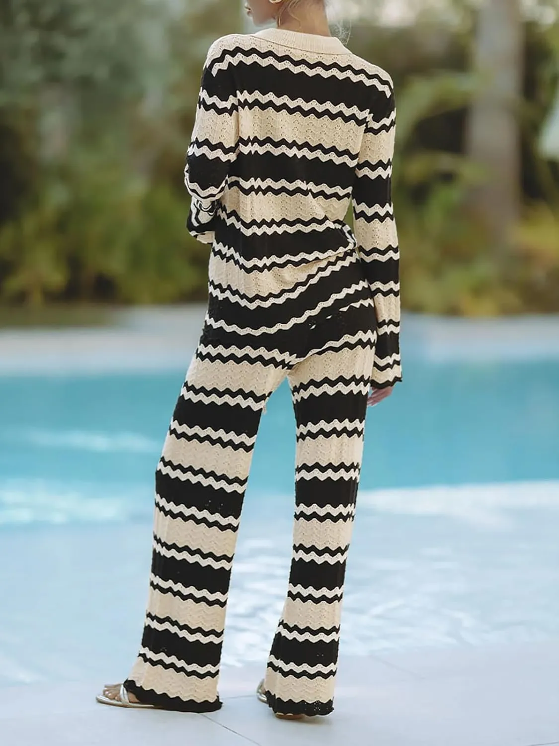Tankaneo Womens 2 Piece Cover up Knit Outfits Striped Long Sleeve Cardigan Wide Leg Pants Matching Beach Set
