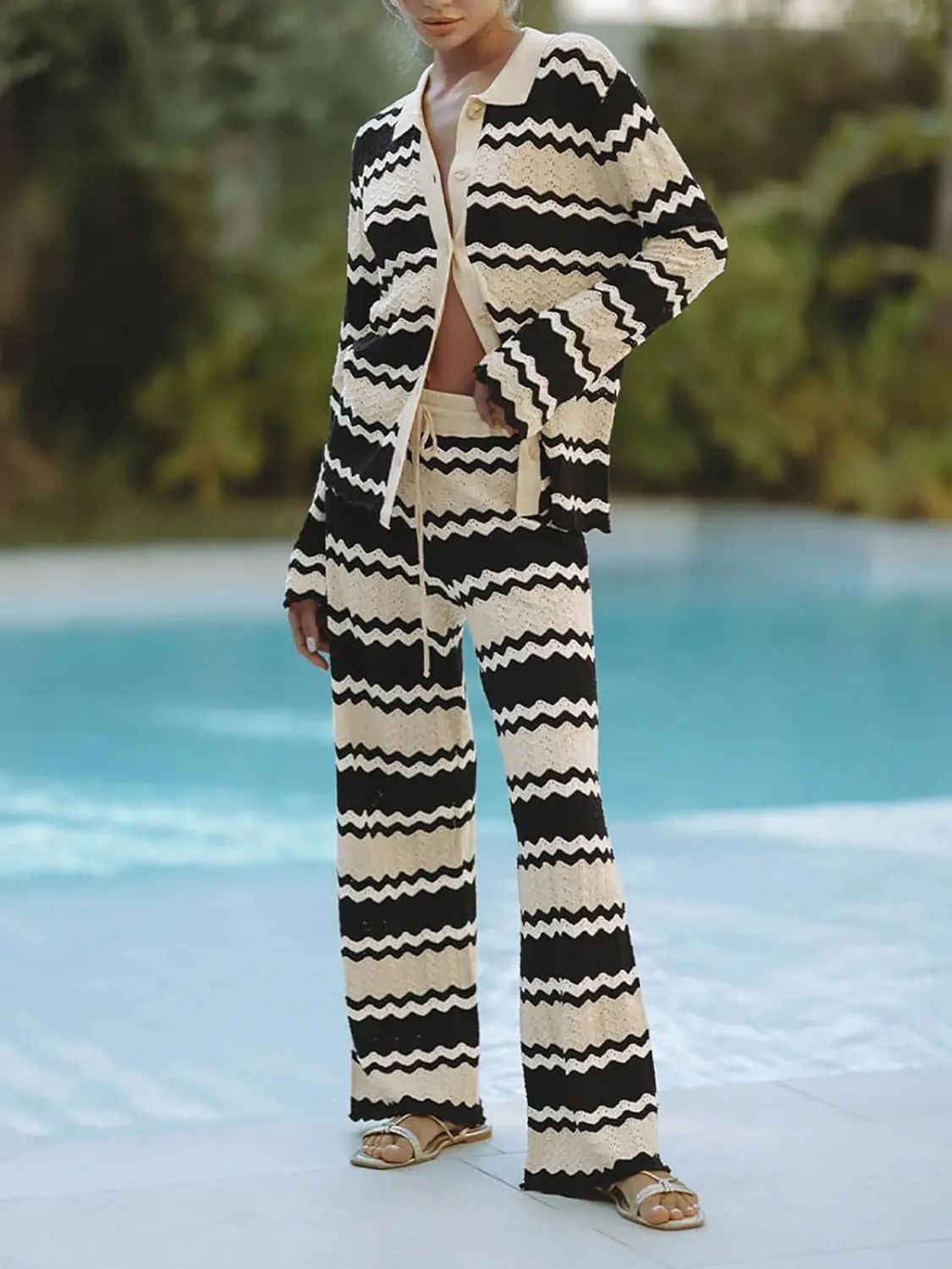 Tankaneo Womens 2 Piece Cover up Knit Outfits Striped Long Sleeve Cardigan Wide Leg Pants Matching Beach Set