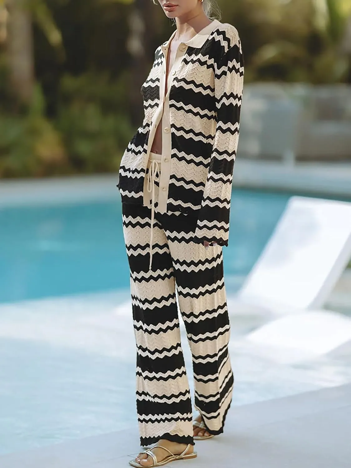 Tankaneo Womens 2 Piece Cover up Knit Outfits Striped Long Sleeve Cardigan Wide Leg Pants Matching Beach Set