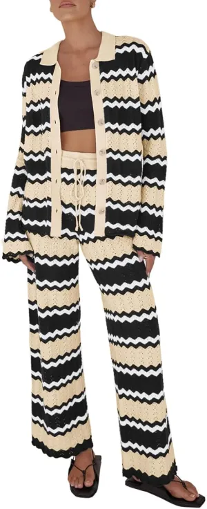 Tankaneo Womens 2 Piece Cover up Knit Outfits Striped Long Sleeve Cardigan Wide Leg Pants Matching Beach Set