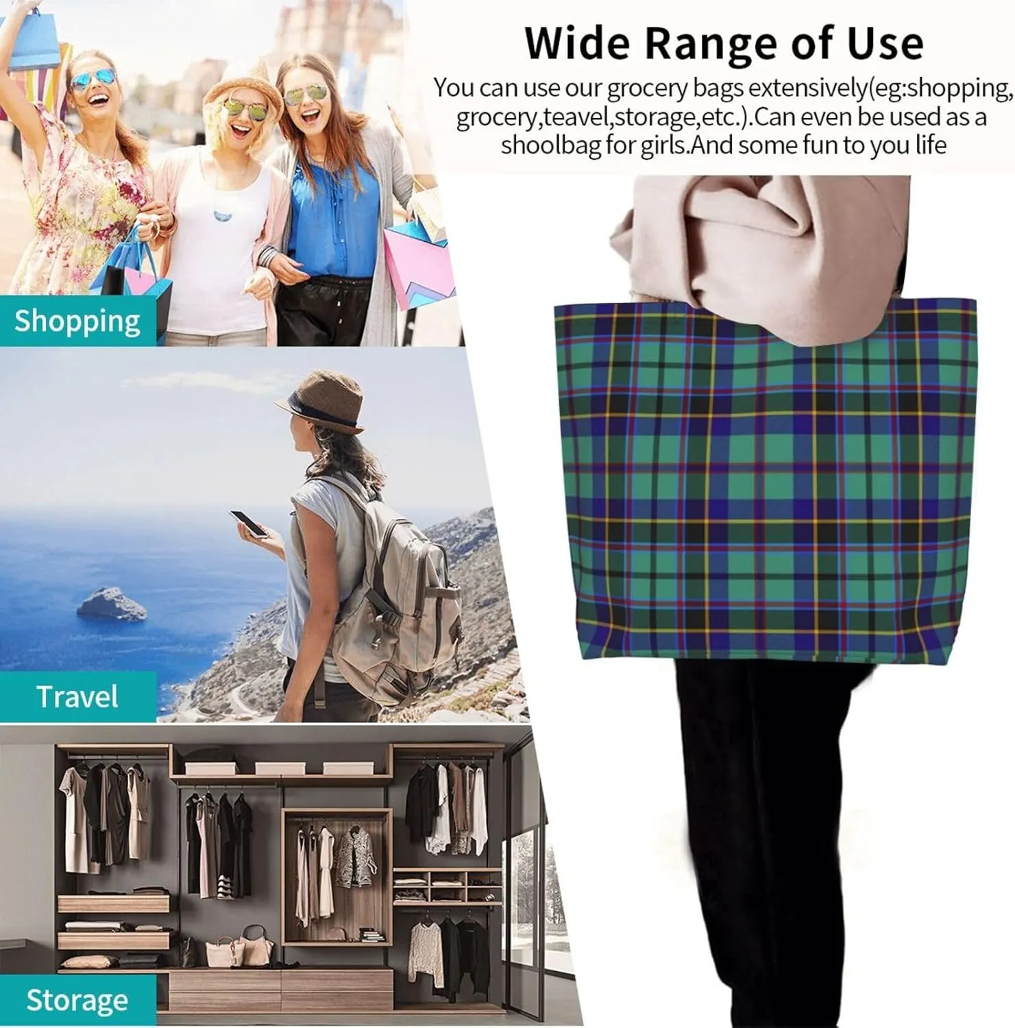 Tartan Plaid Check Tote Bag For Women Weekender Travel Bag Reusable Grocery Bags Large Totes Handbags