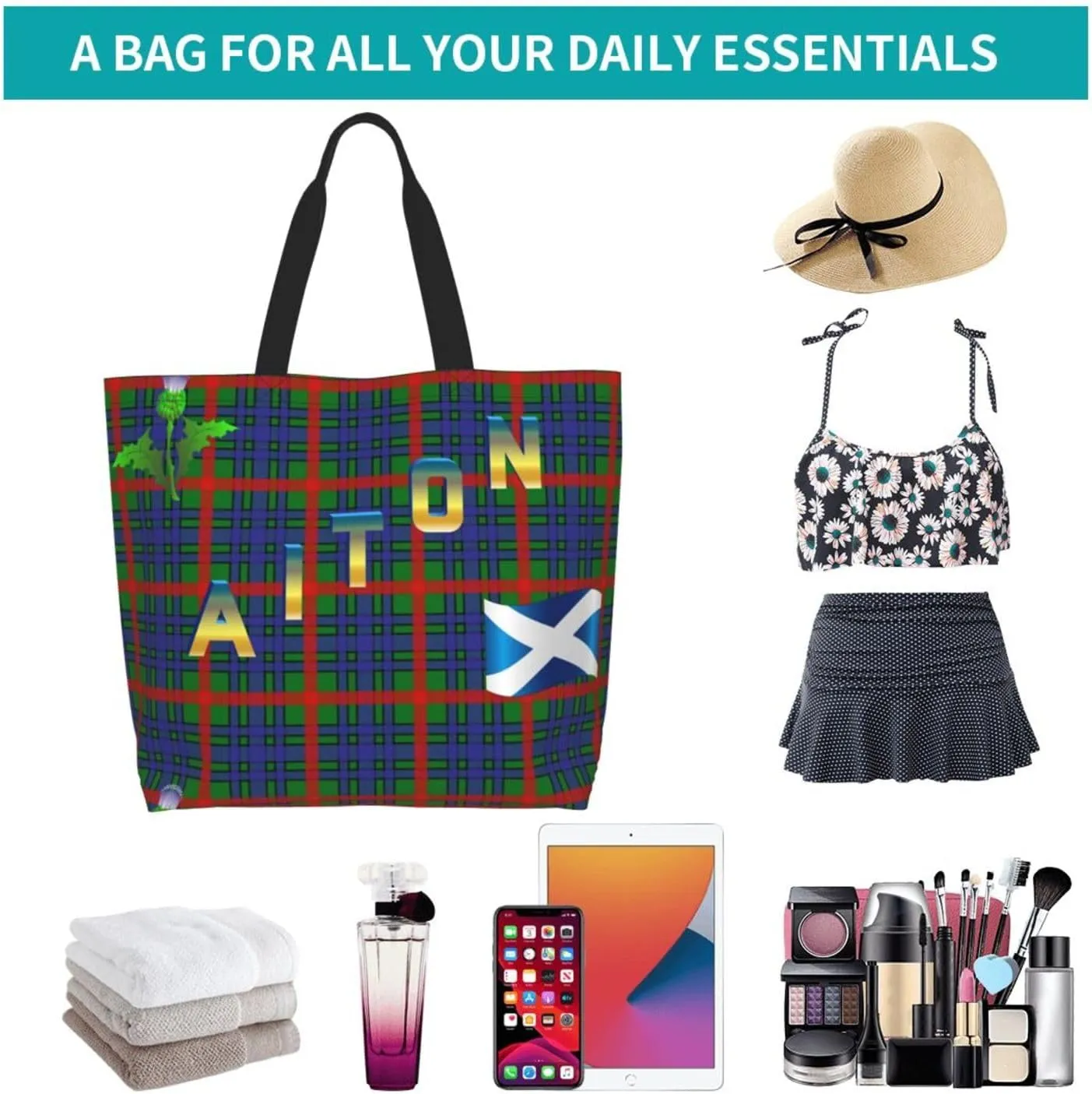 Tartan Plaid Check Tote Bag For Women Weekender Travel Bag Reusable Grocery Bags Large Totes Handbags