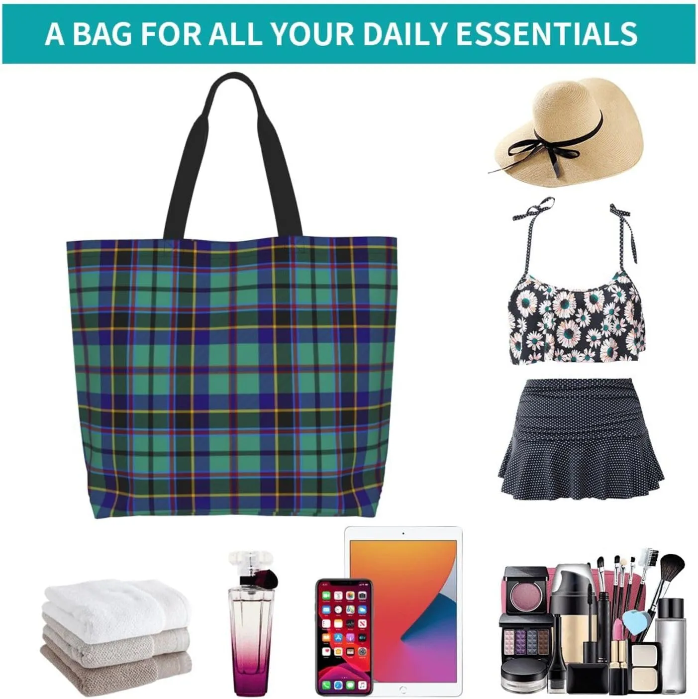 Tartan Plaid Check Tote Bag For Women Weekender Travel Bag Reusable Grocery Bags Large Totes Handbags