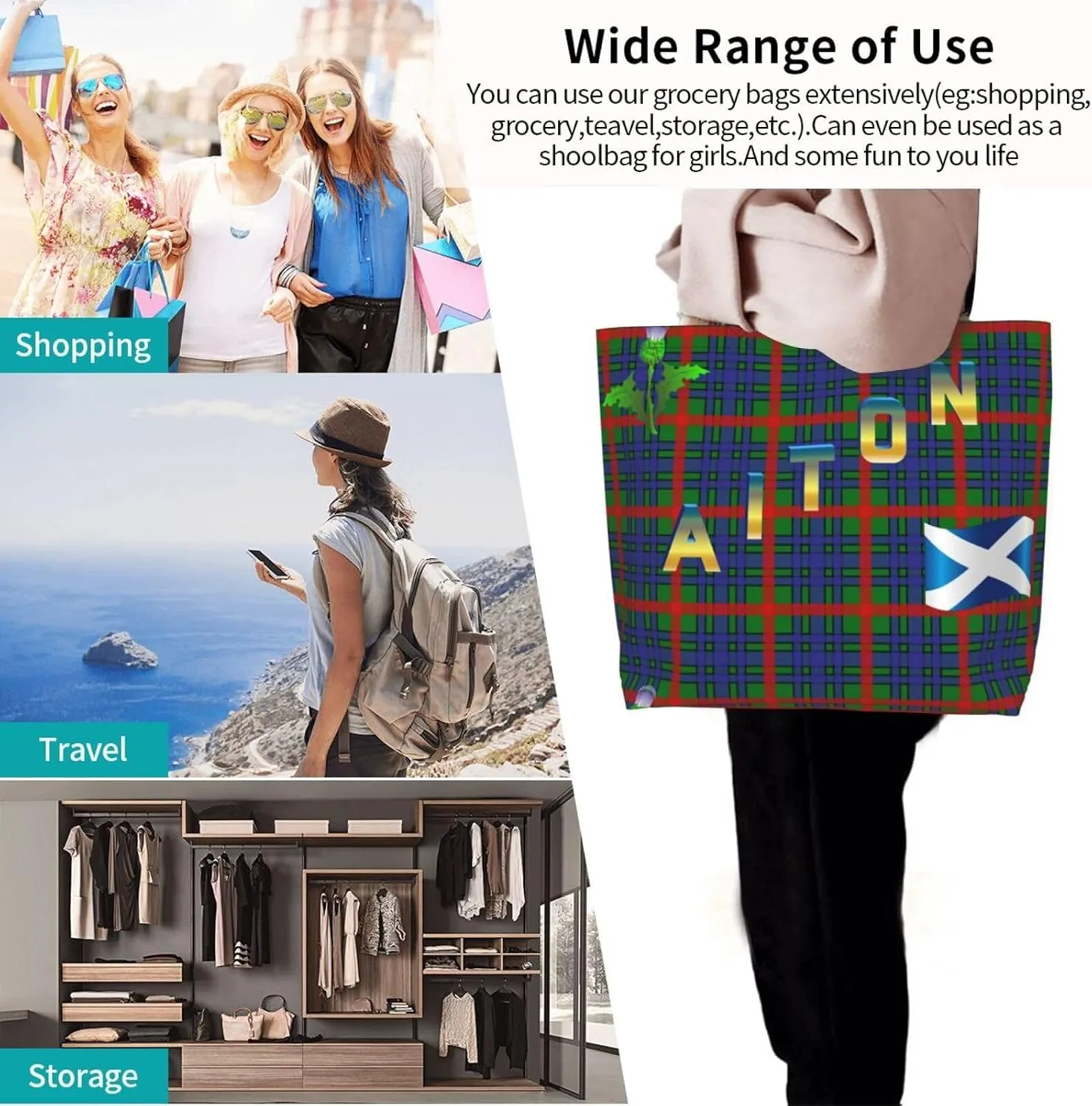 Tartan Plaid Check Tote Bag For Women Weekender Travel Bag Reusable Grocery Bags Large Totes Handbags