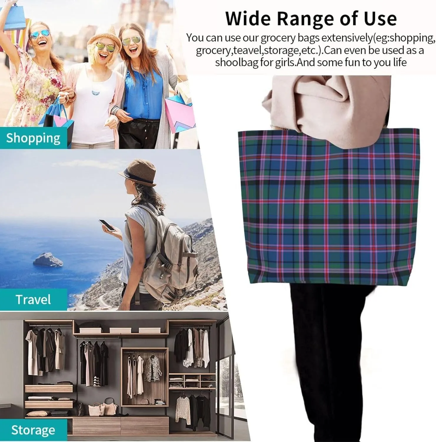 Tartan Tote Bag For Women Weekender Travel Bag Reusable Grocery Bags Large Totes Handbags