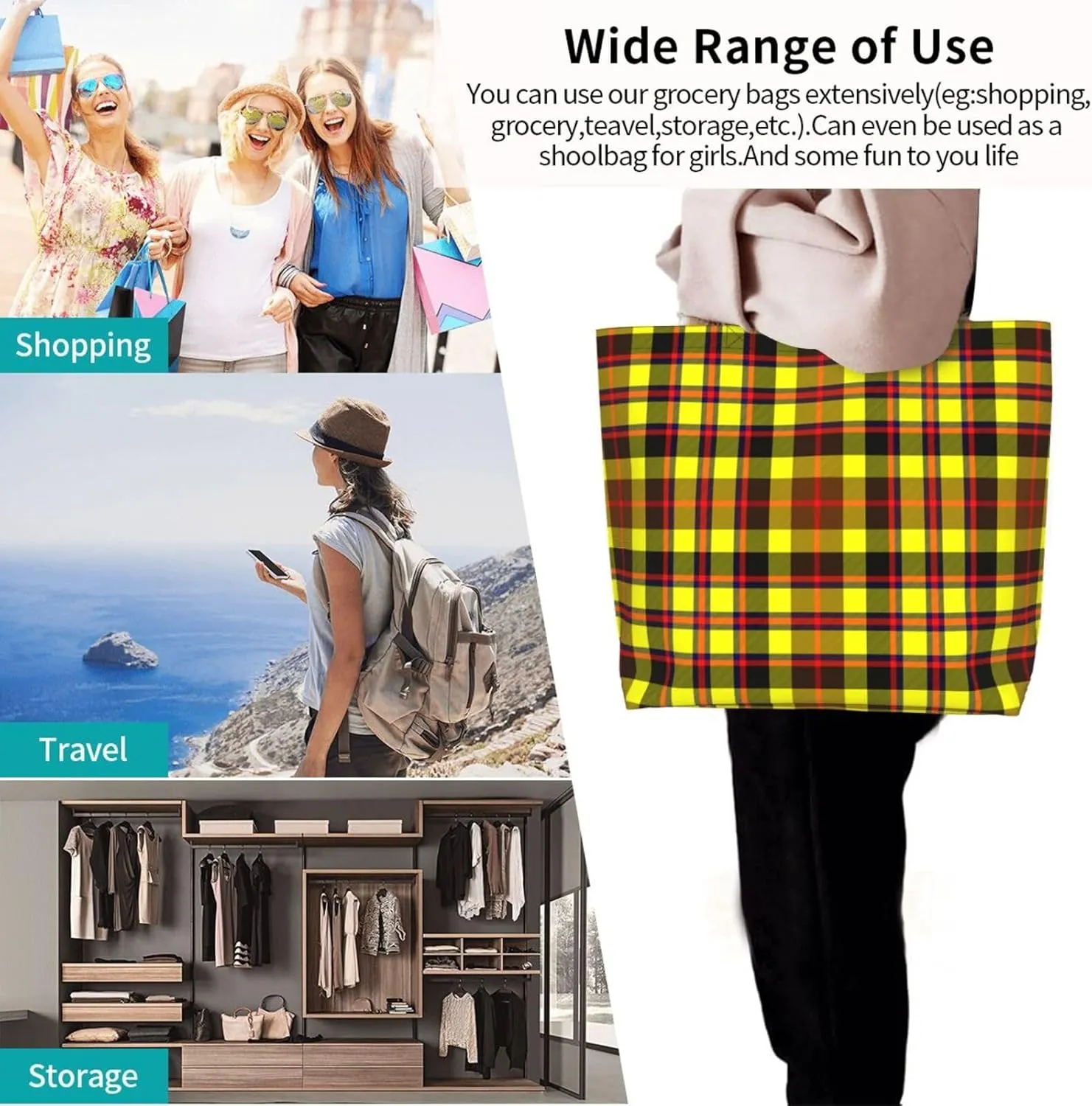 Tartan Tote Bag For Women Weekender Travel Bag Reusable Grocery Bags Large Totes Handbags