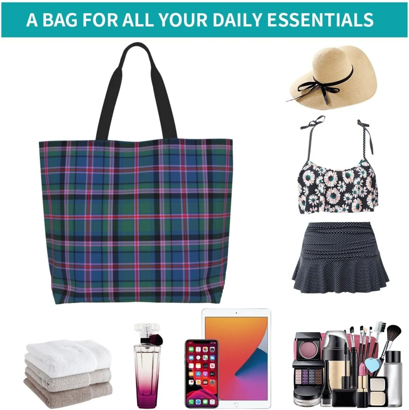 Tartan Tote Bag For Women Weekender Travel Bag Reusable Grocery Bags Large Totes Handbags