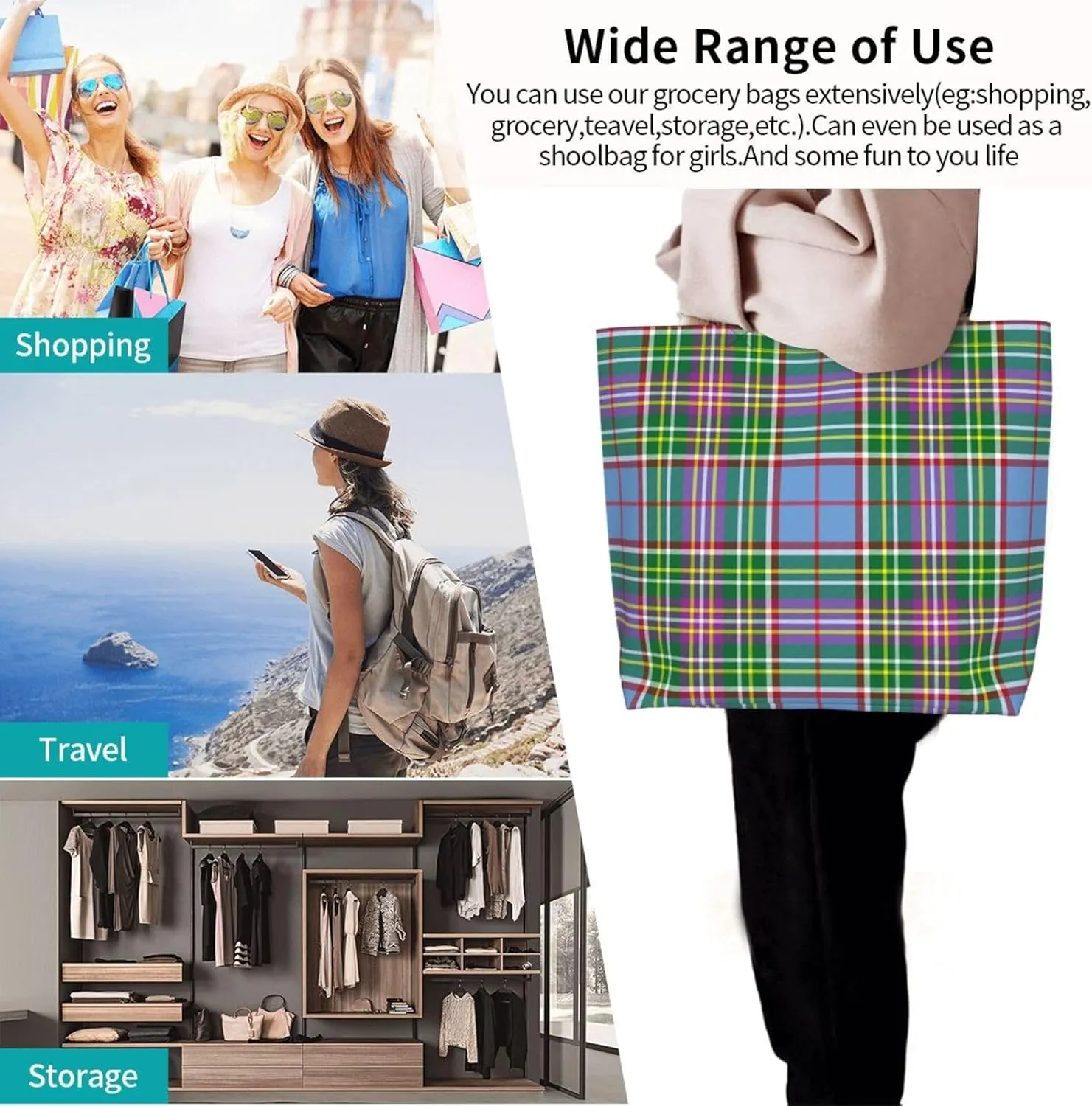 Tartan Tote Bag For Women Weekender Travel Bag Reusable Grocery Bags Large Totes Handbags