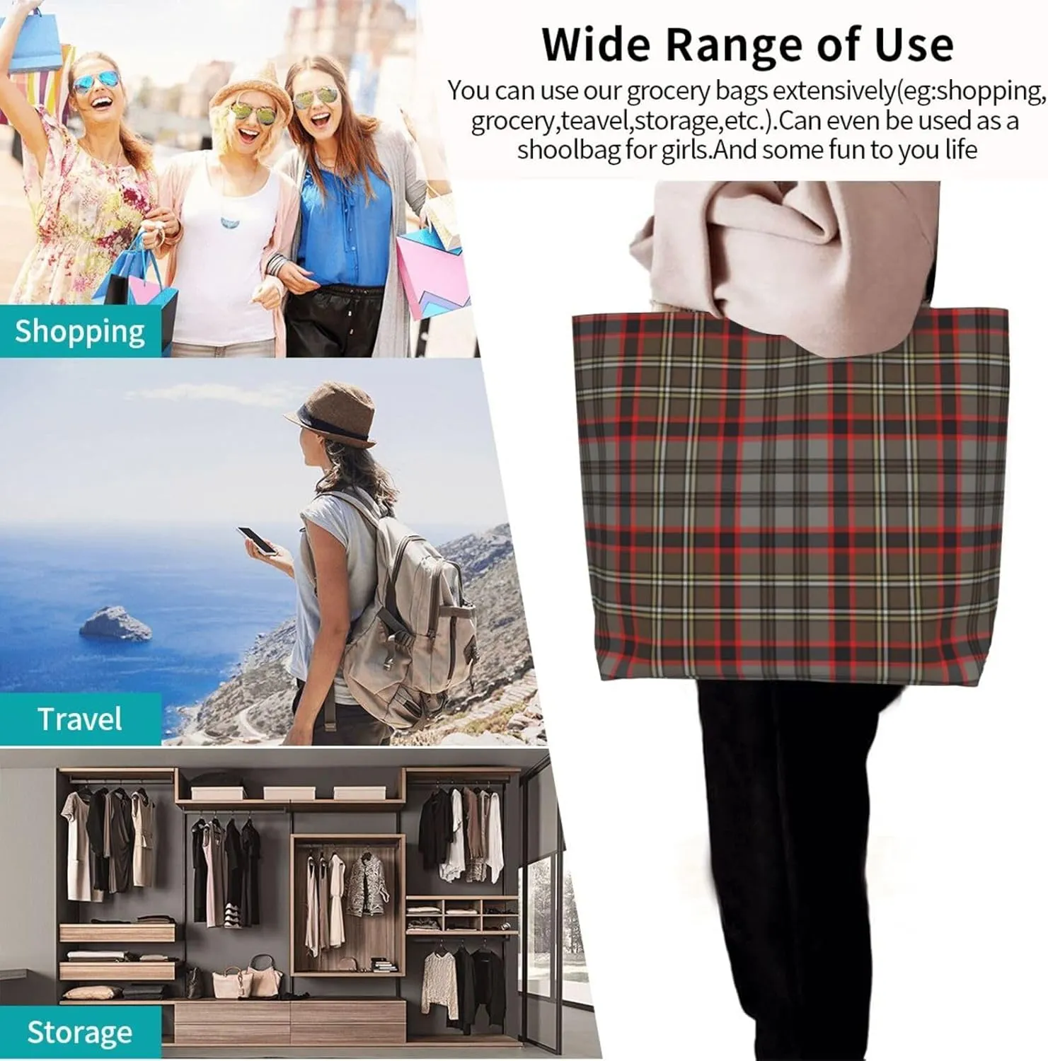 Tartan Tote Bag For Women Weekender Travel Bag Reusable Grocery Bags Large Totes Handbags