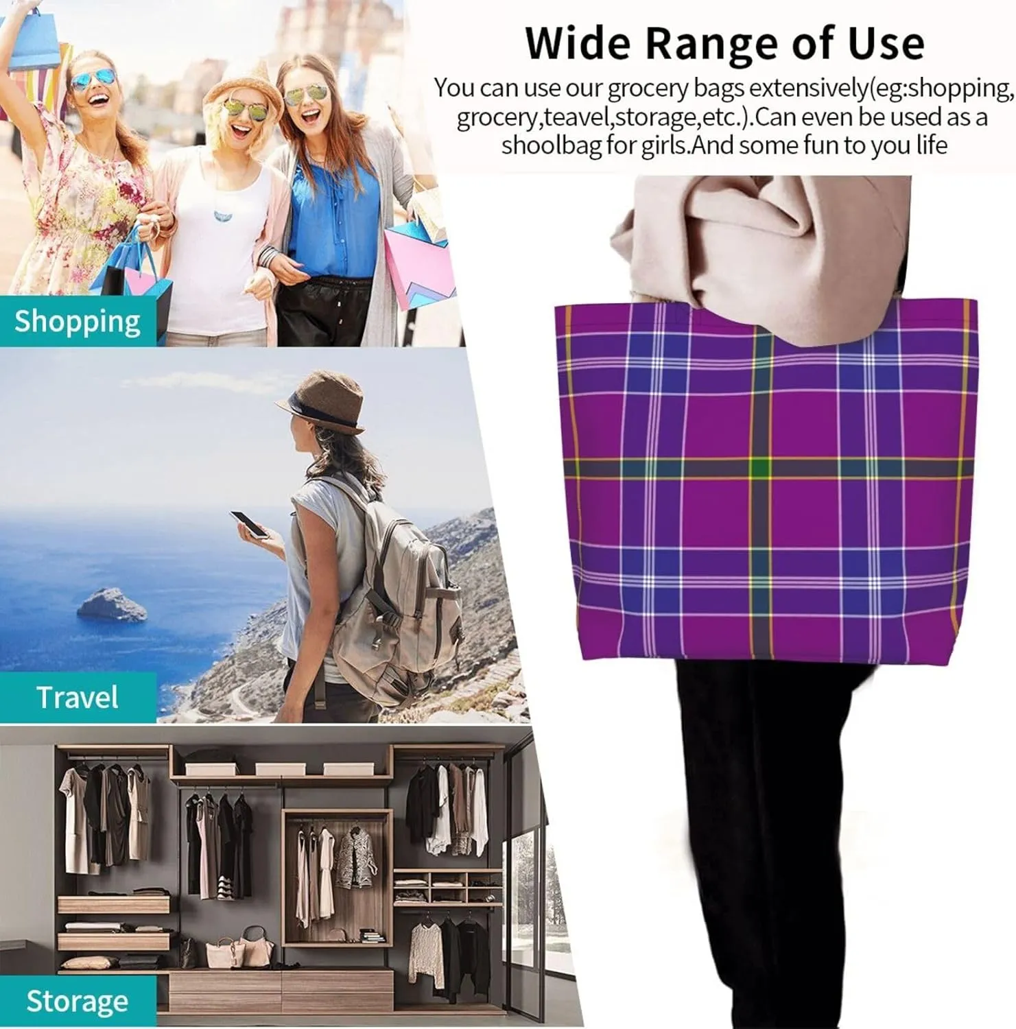 Tartan Tote Bag For Women Weekender Travel Bag Reusable Grocery Bags Large Totes Handbags