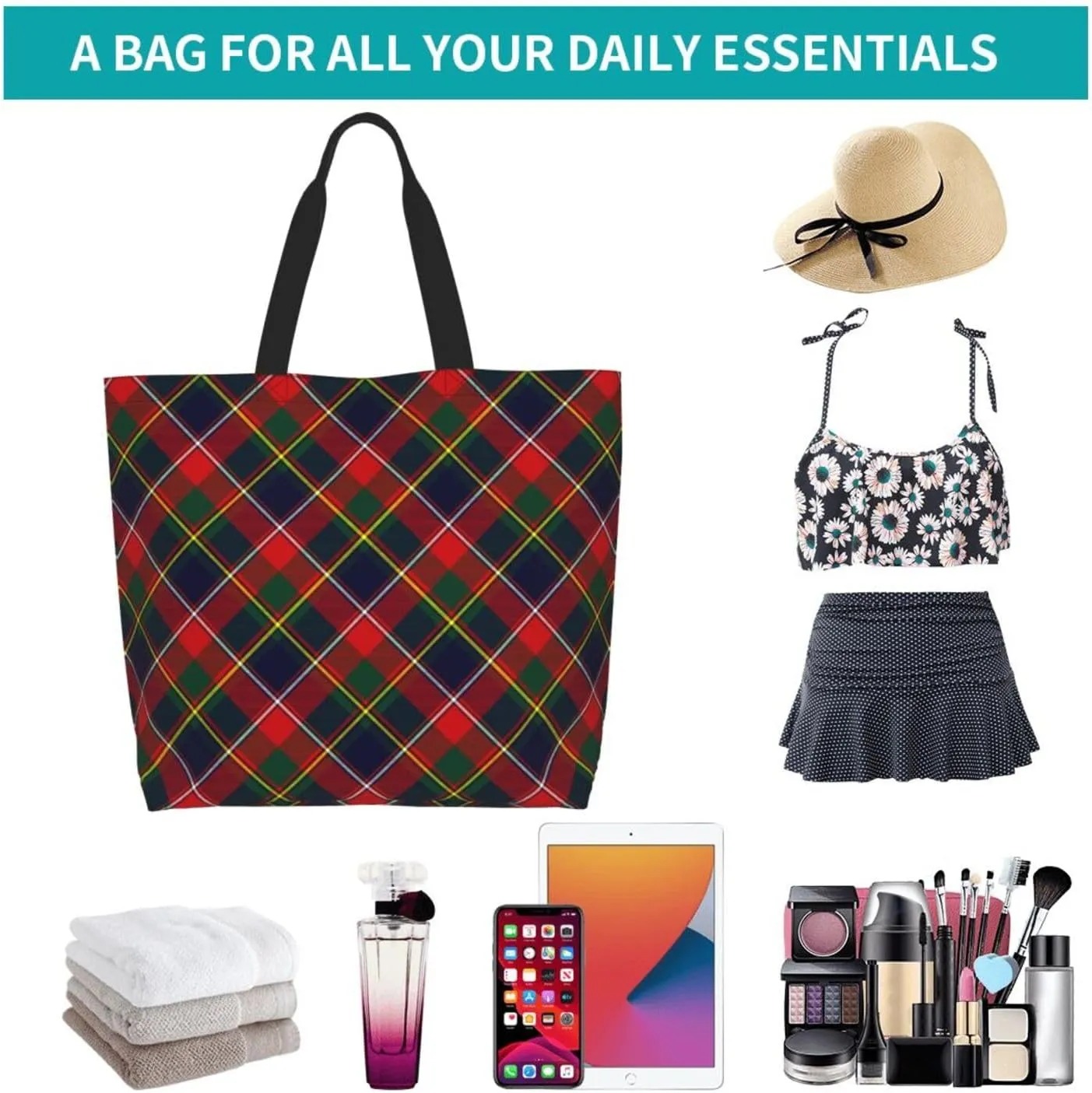 Tartan Tote Bag For Women Weekender Travel Bag Reusable Grocery Bags Large Totes Handbags