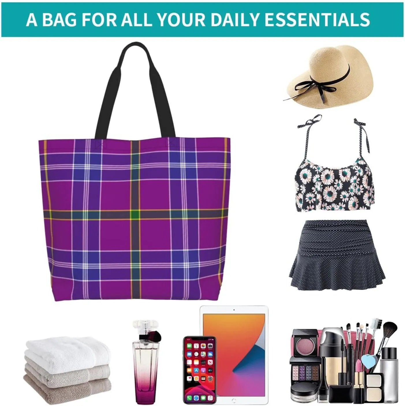 Tartan Tote Bag For Women Weekender Travel Bag Reusable Grocery Bags Large Totes Handbags