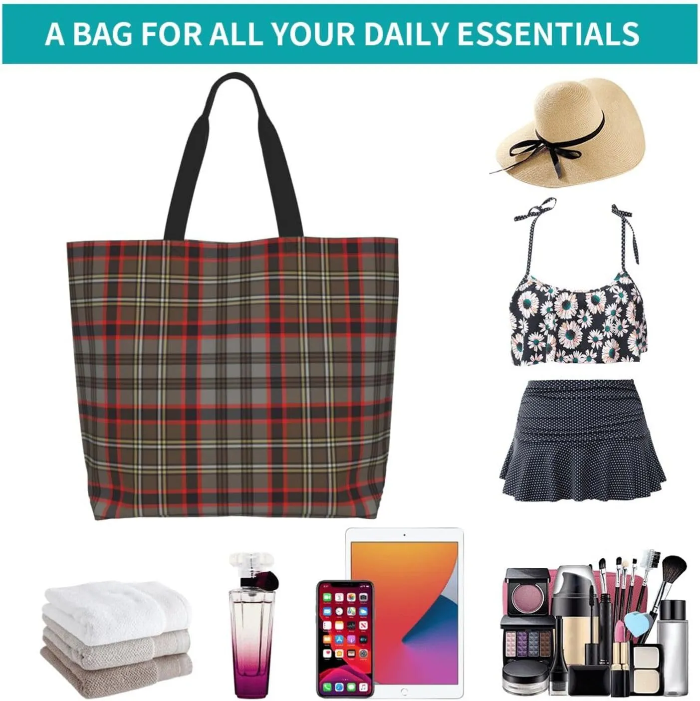 Tartan Tote Bag For Women Weekender Travel Bag Reusable Grocery Bags Large Totes Handbags