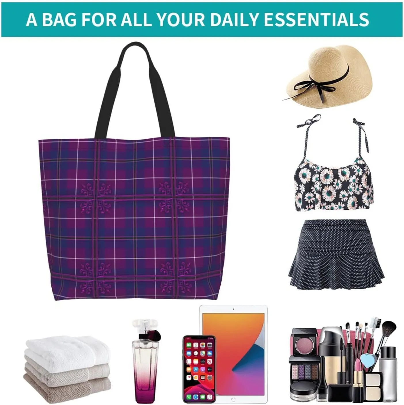 Tartan Tote Bag For Women Weekender Travel Bag Reusable Grocery Bags Large Totes Handbags