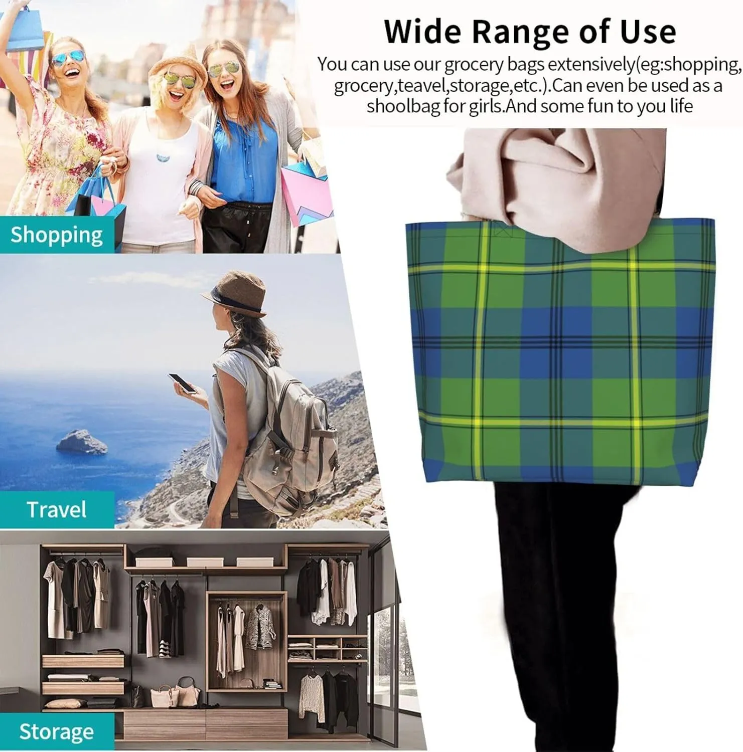 Tartan Tote Bag For Women Weekender Travel Bag Reusable Grocery Bags Large Totes Handbags