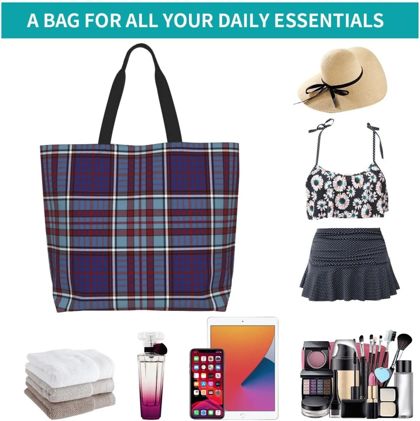 Tartan Tote Bag For Women Weekender Travel Bag Reusable Grocery Bags Large Totes Handbags