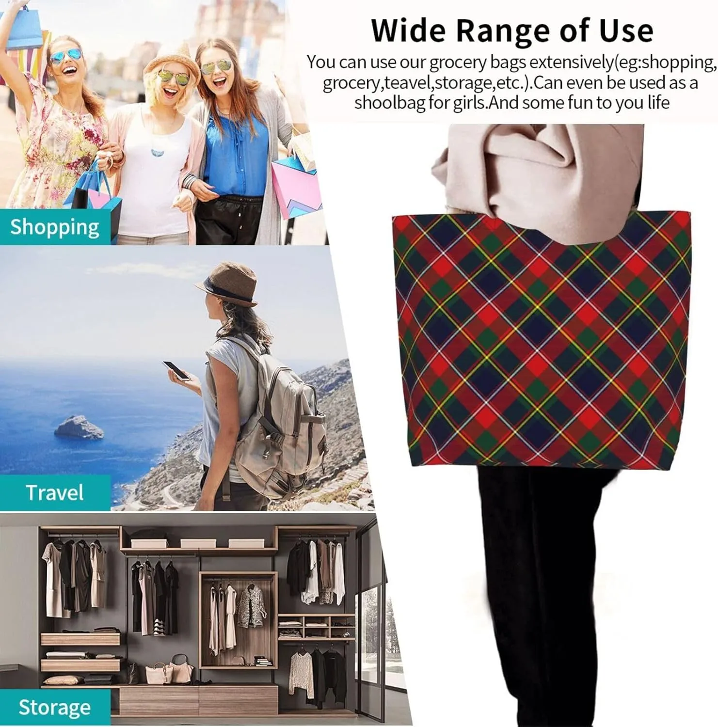 Tartan Tote Bag For Women Weekender Travel Bag Reusable Grocery Bags Large Totes Handbags