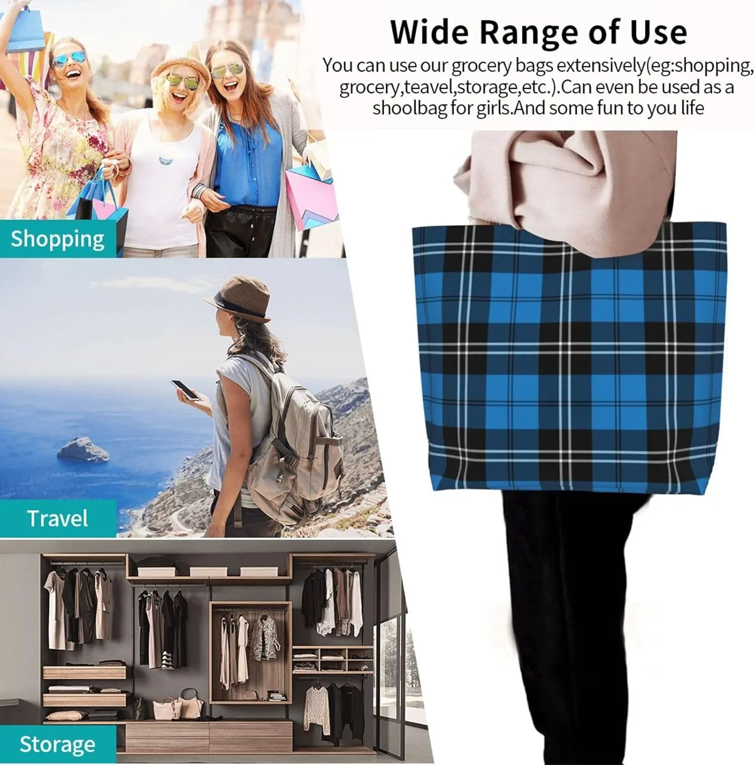 Tartan Tote Bag For Women Weekender Travel Bag Reusable Grocery Bags Large Totes Handbags