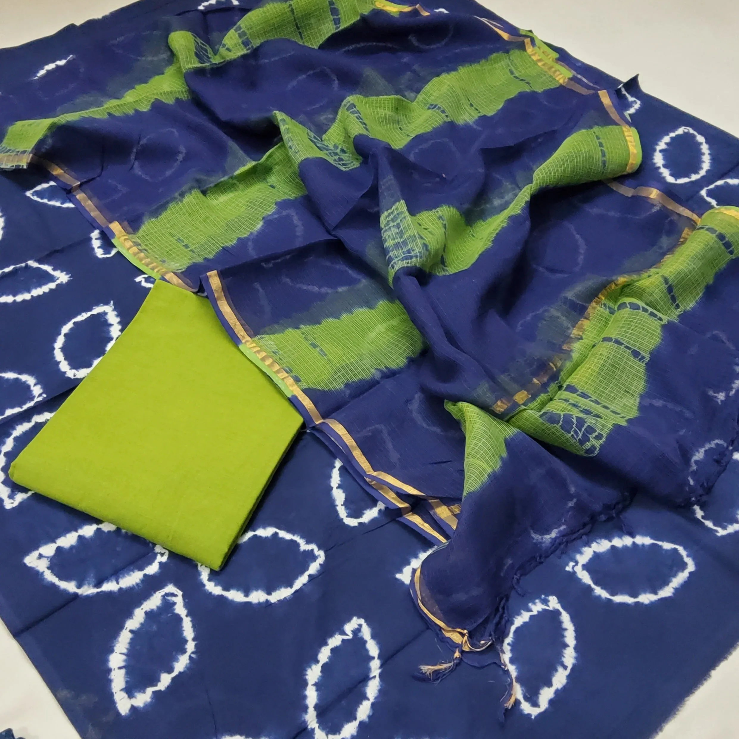 Tie and dye Cotton Dress Material with Kota Dupatta