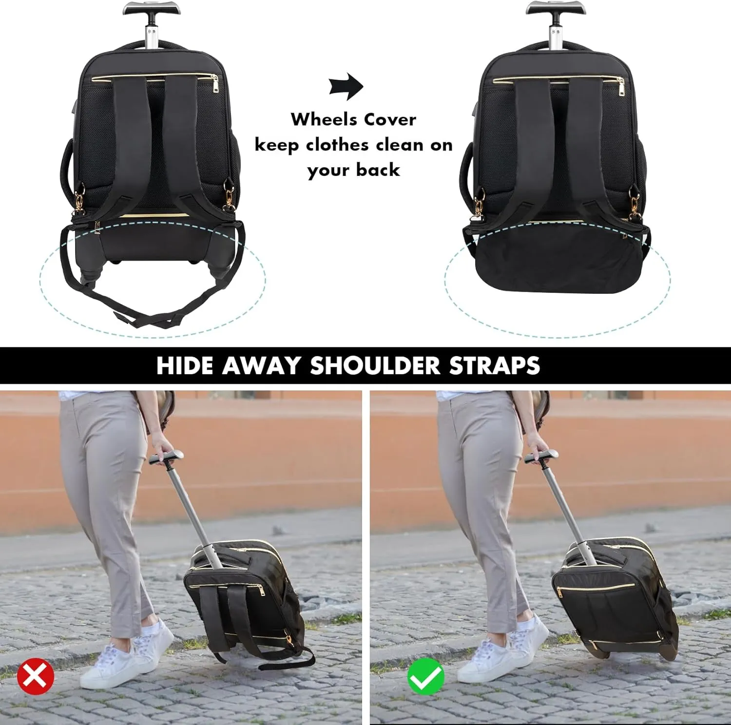 Tilami Rolling Backpack for Women, Carry on Laptop Backpacks with Wheels, 40L Roller Backpack for Travel,Black