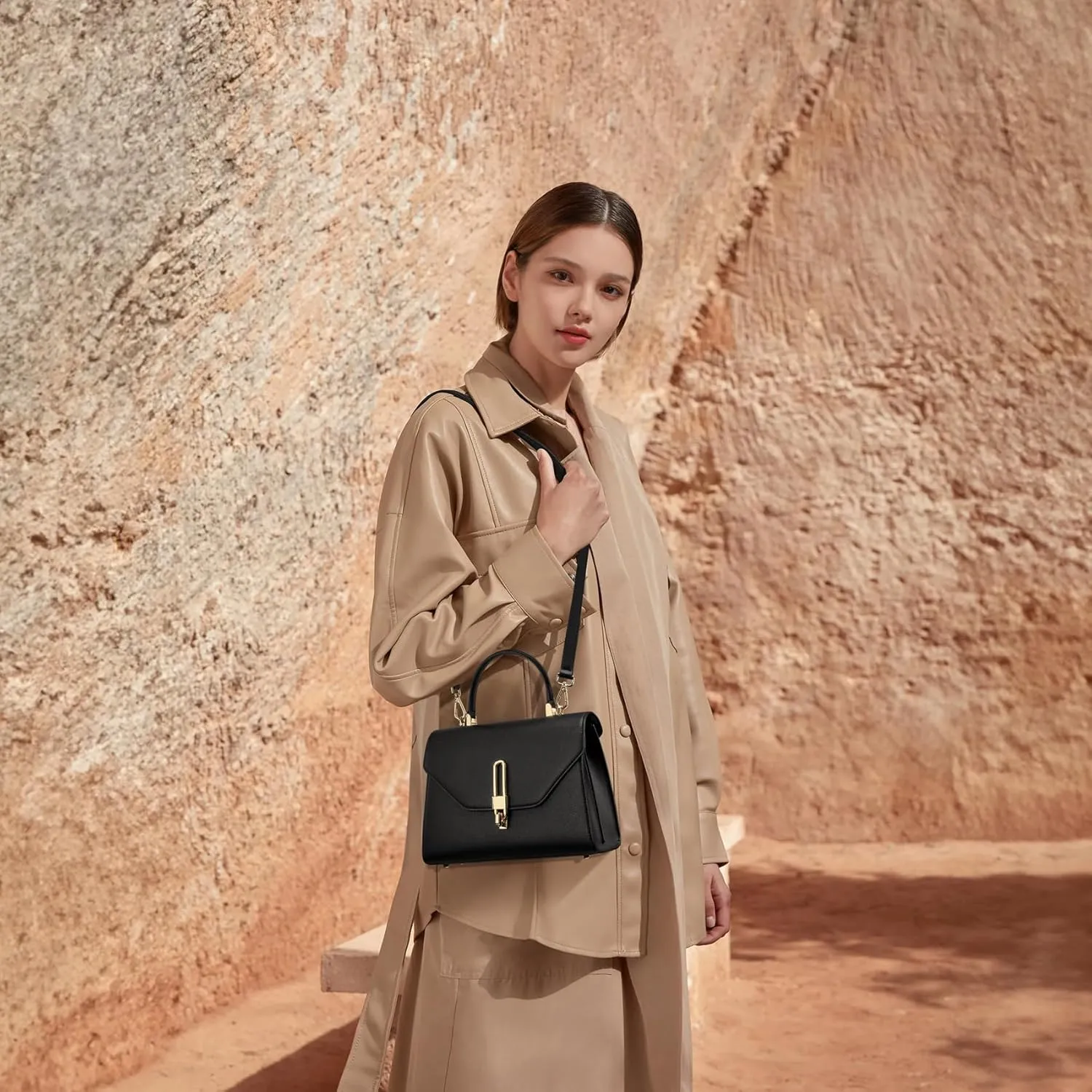 Top Handle Bag Fashion Leather Satchel Bag for Ladies, Zipper Pocket, MetalLeather tote bag for Women.