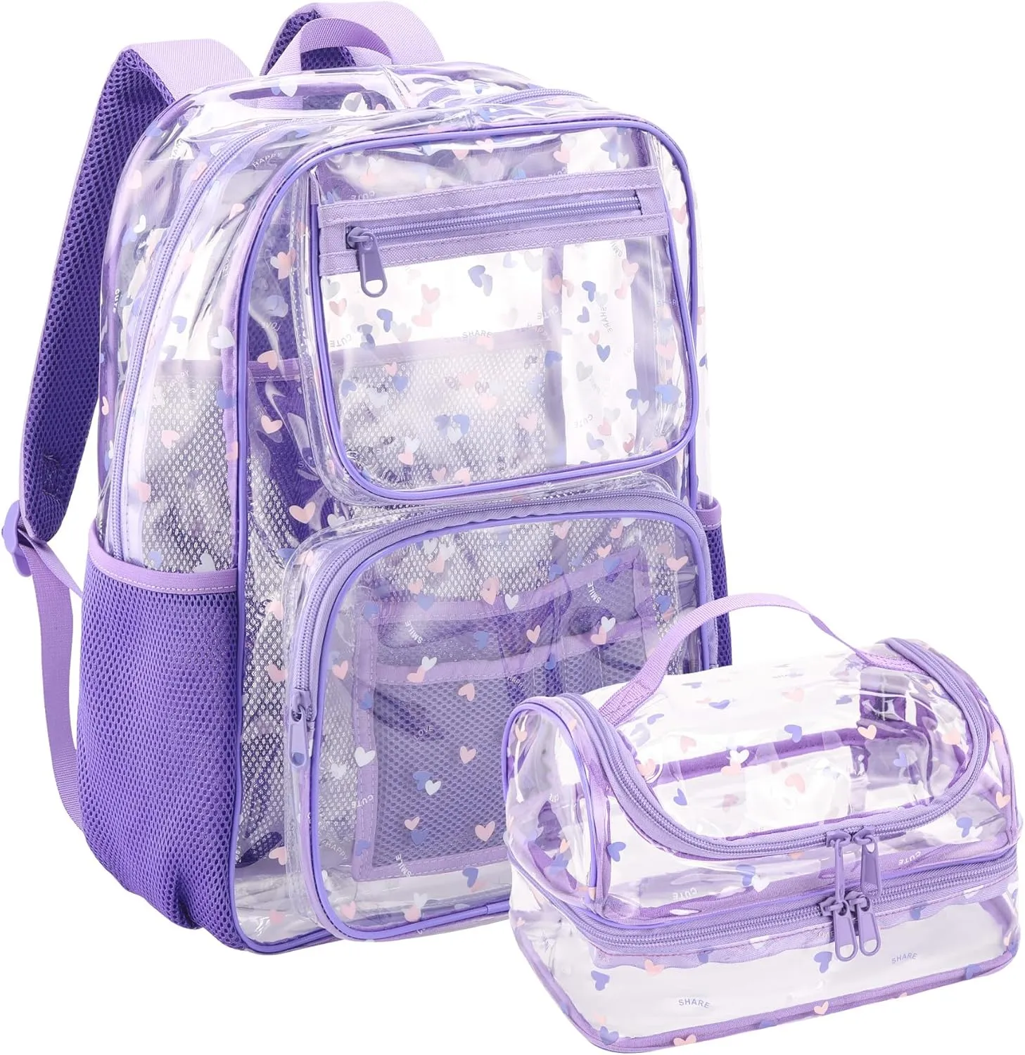 Transparent Backpacks with Lunch Box Sets (clear backpack & clear duoble lunch bag-purple)