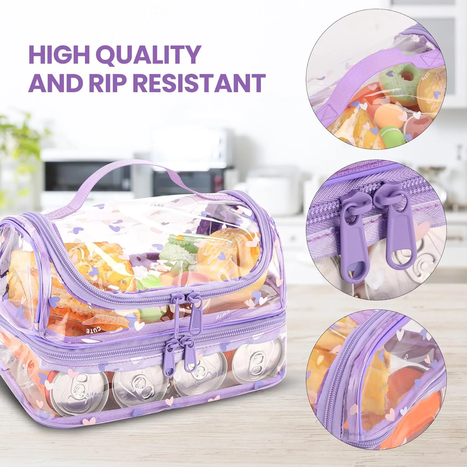 Transparent Backpacks with Lunch Box Sets (clear backpack & clear duoble lunch bag-purple)