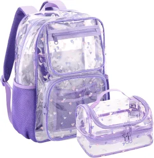 Transparent Backpacks with Lunch Box Sets (clear backpack & clear duoble lunch bag-purple)