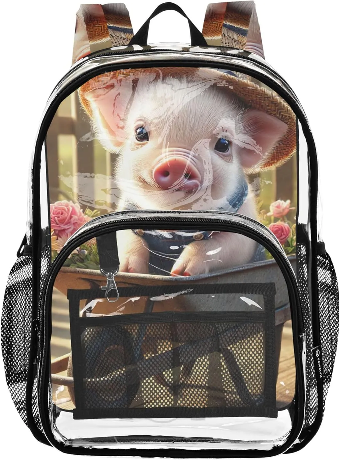 Travel Clear Backpack Floral Cute Pig Garden Floral Kids Backpack for Girls Plastic Transparent Bookbag
