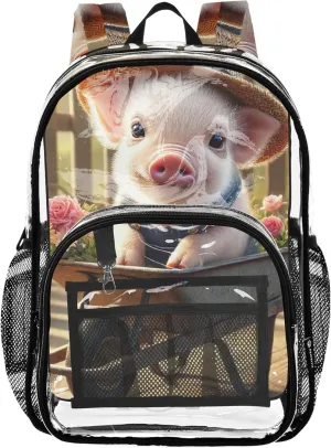 Travel Clear Backpack Floral Cute Pig Garden Floral Kids Backpack for Girls Plastic Transparent Bookbag