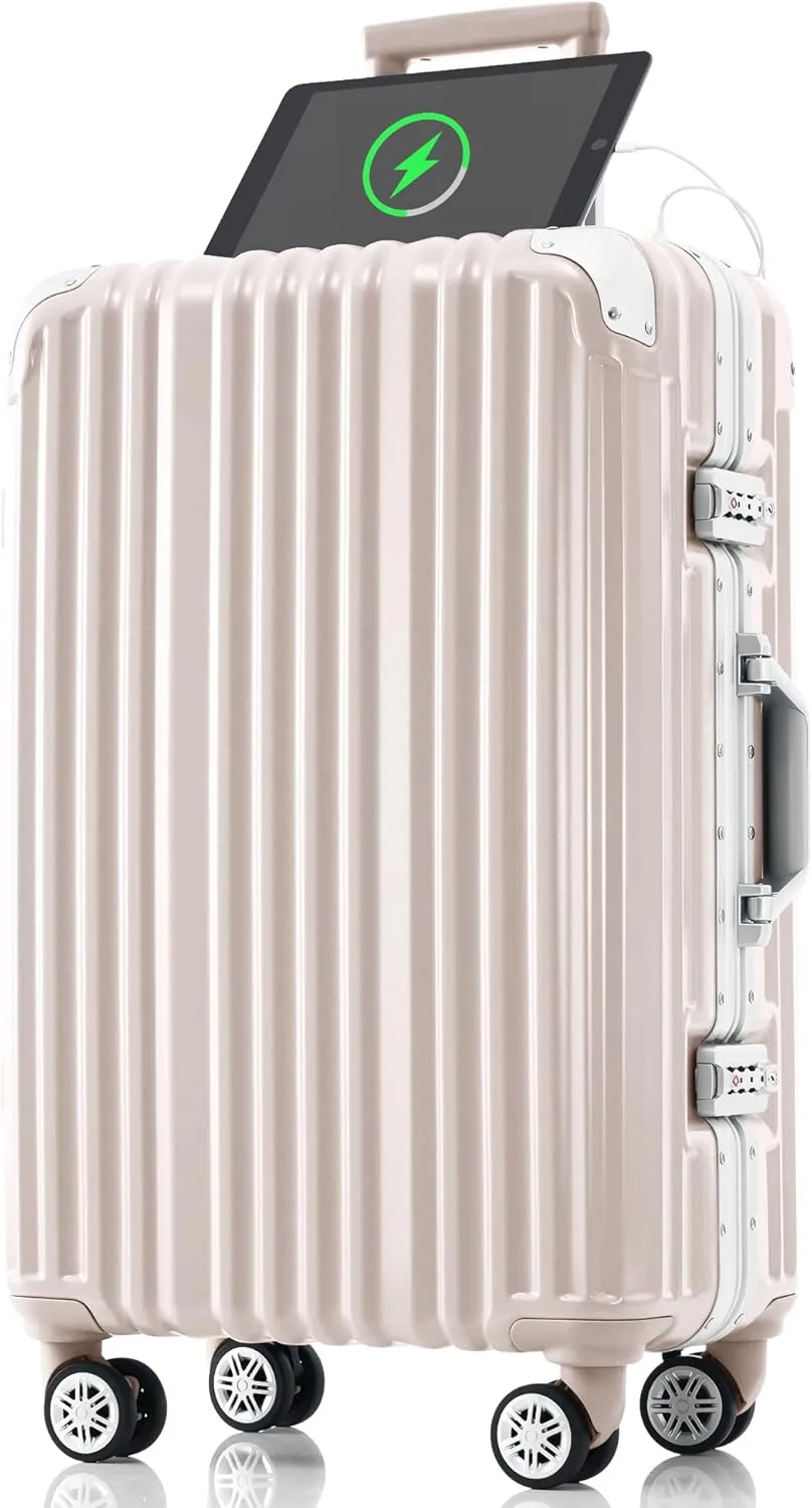 Travel in Style with 24in Aluminum Frame Luggage, USB Port, Spinner Wheels, for Short Business Trips and Beach Holidays, Pink