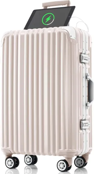 Travel in Style with 24in Aluminum Frame Luggage, USB Port, Spinner Wheels, for Short Business Trips and Beach Holidays, Pink