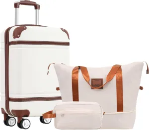 Travel Woes Resolved with Hardshell Luggage Set, 20-Inch Carry-On Suitcase with Double Spinner Wheels and Travel Bags, White