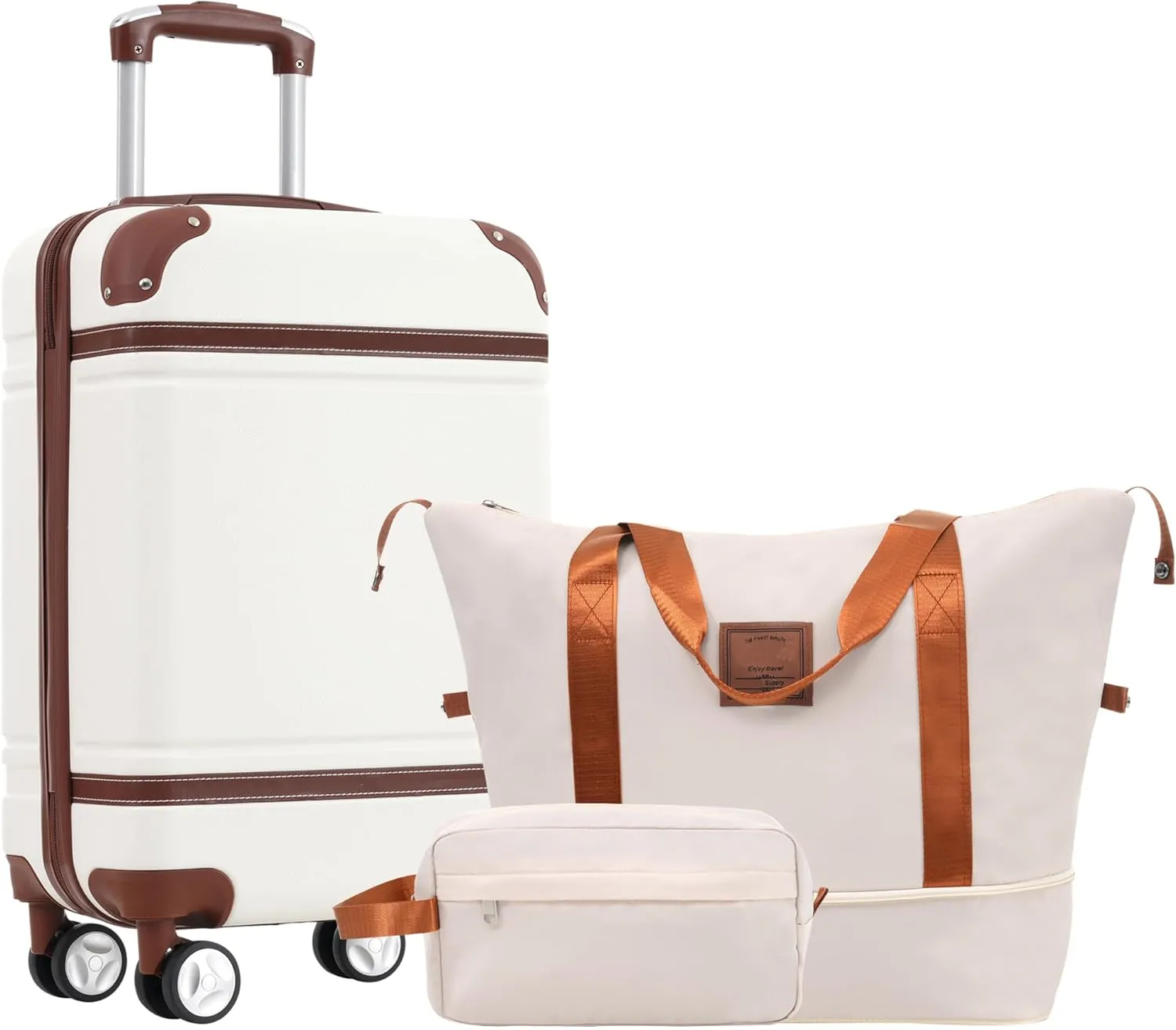 Travel Woes Resolved with Hardshell Luggage Set, 20-Inch Carry-On Suitcase with Double Spinner Wheels and Travel Bags, White