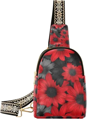 Trendy Red and Black Daisies womens fanny pack leather shoulder fanny pack for day pack