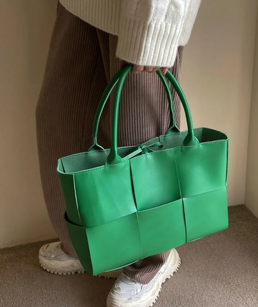 Trendy Woven Handbags for Women Large Vegan Leather Totes Bag Casual Working Shoulder Purse Top Handle Satchel