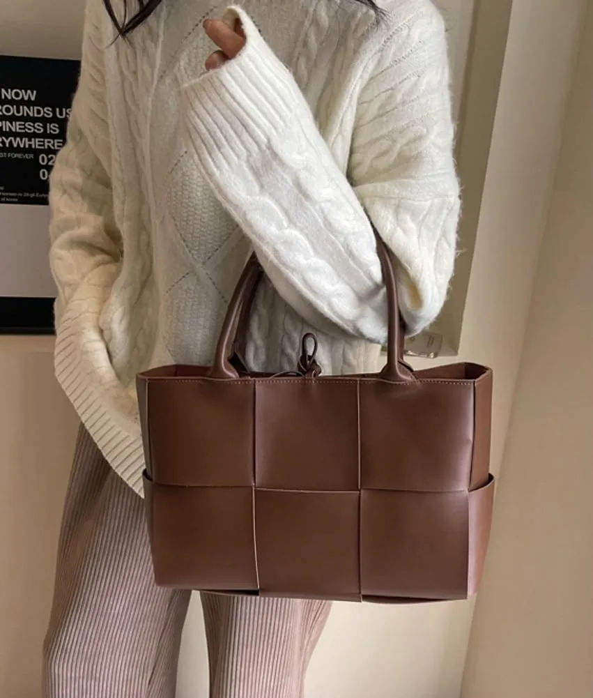 Trendy Woven Handbags for Women Large Vegan Leather Totes Bag Casual Working Shoulder Purse Top Handle Satchel