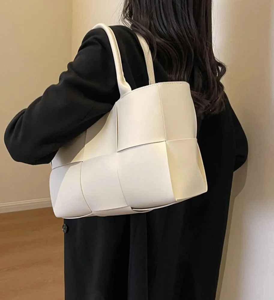 Trendy Woven Handbags for Women Large Vegan Leather Totes Bag Casual Working Shoulder Purse Top Handle Satchel