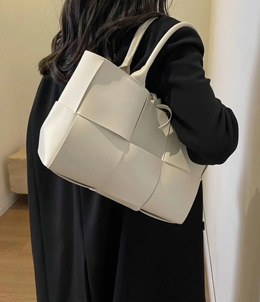 Trendy Woven Handbags for Women Large Vegan Leather Totes Bag Casual Working Shoulder Purse Top Handle Satchel