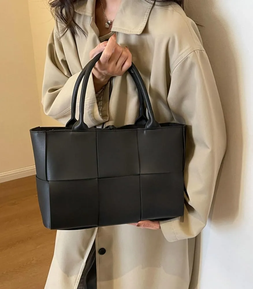 Trendy Woven Handbags for Women Large Vegan Leather Totes Bag Casual Working Shoulder Purse Top Handle Satchel