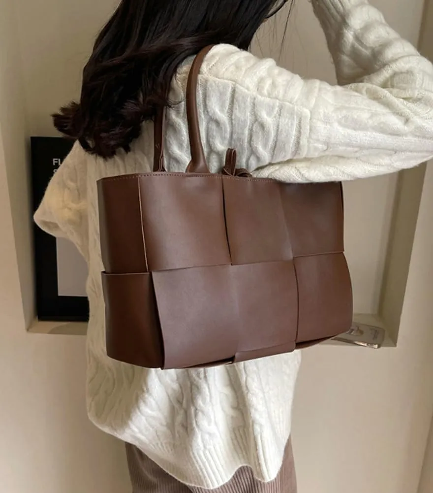Trendy Woven Handbags for Women Large Vegan Leather Totes Bag Casual Working Shoulder Purse Top Handle Satchel