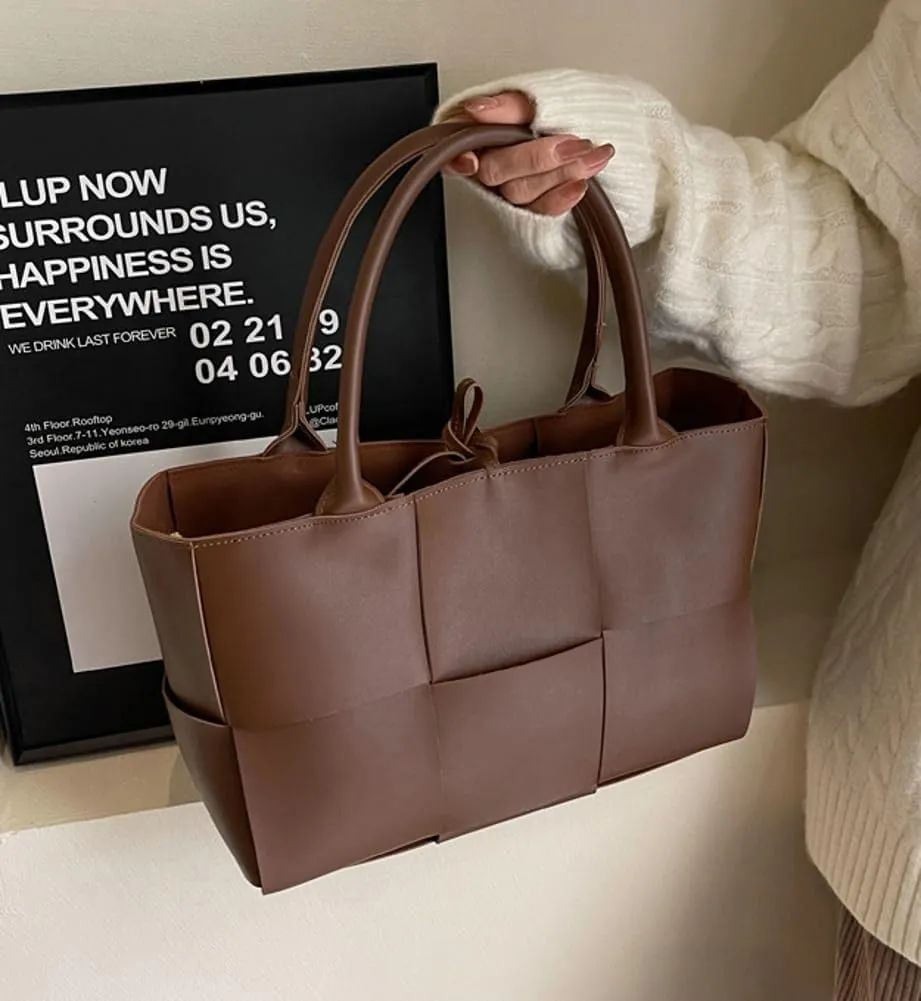 Trendy Woven Handbags for Women Large Vegan Leather Totes Bag Casual Working Shoulder Purse Top Handle Satchel