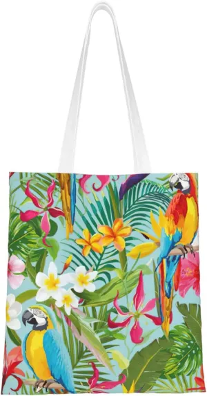 Tropical Plants And Parrots Print Totes, Portable Beach Bag,Reusable Grocery Bags Foldable Shopping With Handlesbags