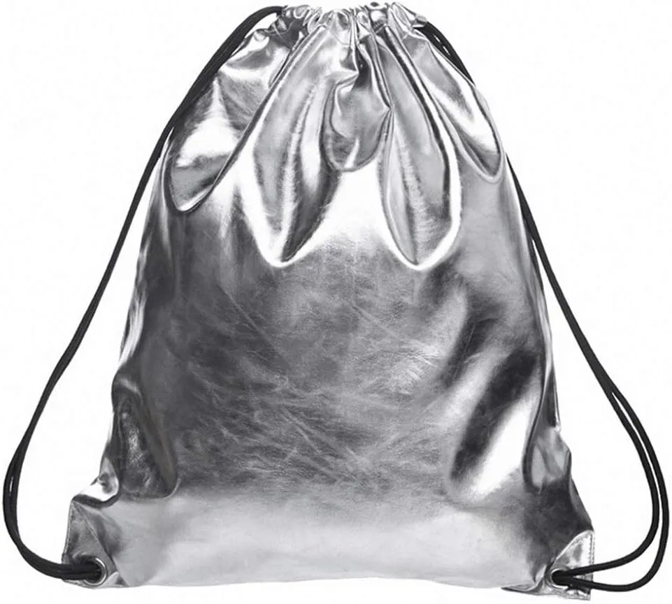 Unisex Solid Backpack Bucket Shoulder Bags Leather Girls Draw Pocket Silver 12 inches