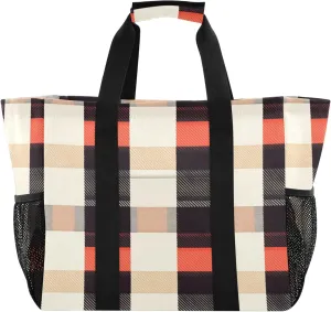 Utility Bag For Trunk Foldable Beach Bag Water Resistant Canvas Cars Tote Bag Buffalo Plaid Check Red Orange Succulent